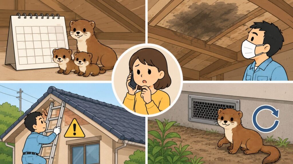 子育て時期を示すカレンダーと親子のイタチ、マスクを着けて見上げる天井裏の広範囲の汚れ、はしごを使う高所作業の危険、封鎖後の再侵入という4つの状況を並べ、中央で業者に電話相談する住民を描いたいらすとや風イラスト