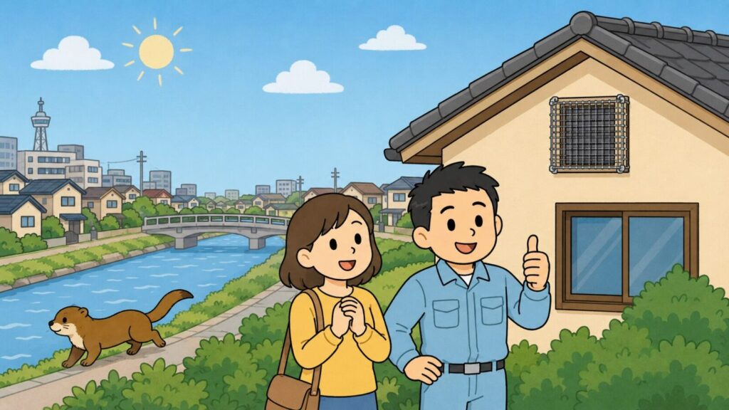 川と橋、住宅街を背景に、金網で換気口が塞がれた住宅の前で安心する住民と親指を立てる獣害対策アドバイザー、川辺へ歩いて帰るイタチを描いた、寝屋川市でのイタチ対策の完了を表すいらすとや風イラスト