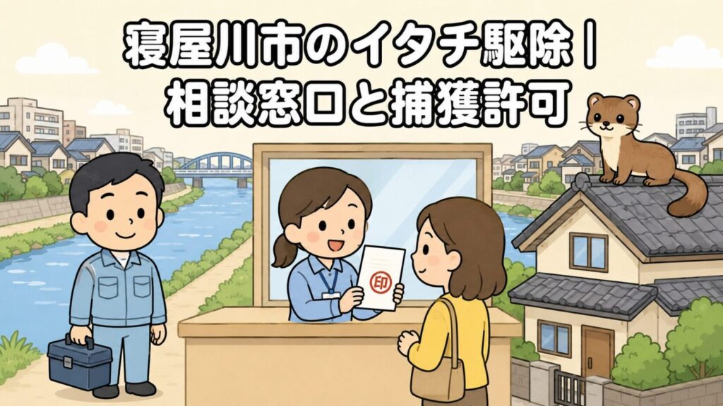 川と橋、住宅街を背景に、窓口で申請書類の案内を受ける住民と工具箱を持つ獣害対策アドバイザー、瓦屋根の上に座るイタチを描いた、寝屋川市のイタチ駆除の相談窓口と捕獲許可を解説する記事のメインビジュアル（いらすとや風イラスト）