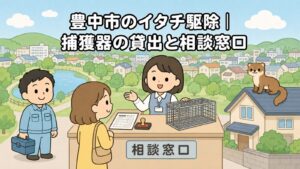 緑の公園と池、丘の住宅街を背景に、相談窓口で空の捕獲器と申請書類の案内を受ける住民と工具箱を持つ獣害対策アドバイザー、屋根の上のイタチを描いた、豊中市のイタチ駆除の捕獲器貸出と相談窓口を解説する記事のメインビジュアル（いらすとや風イラスト）