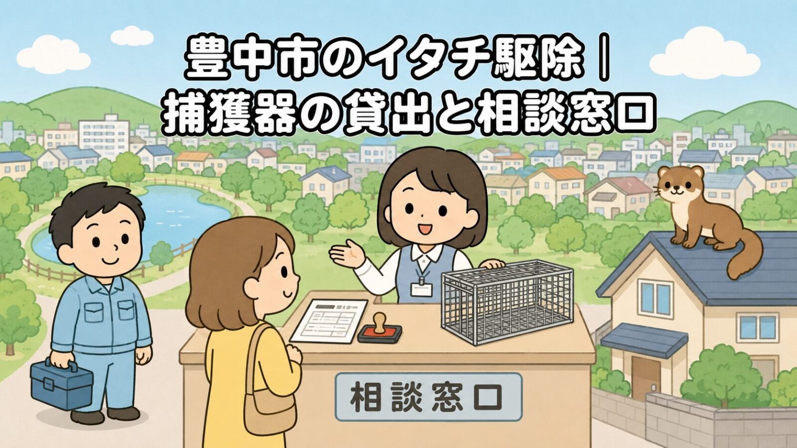 緑の公園と池、丘の住宅街を背景に、相談窓口で空の捕獲器と申請書類の案内を受ける住民と工具箱を持つ獣害対策アドバイザー、屋根の上のイタチを描いた、豊中市のイタチ駆除の捕獲器貸出と相談窓口を解説する記事のメインビジュアル(いらすとや風イラスト)