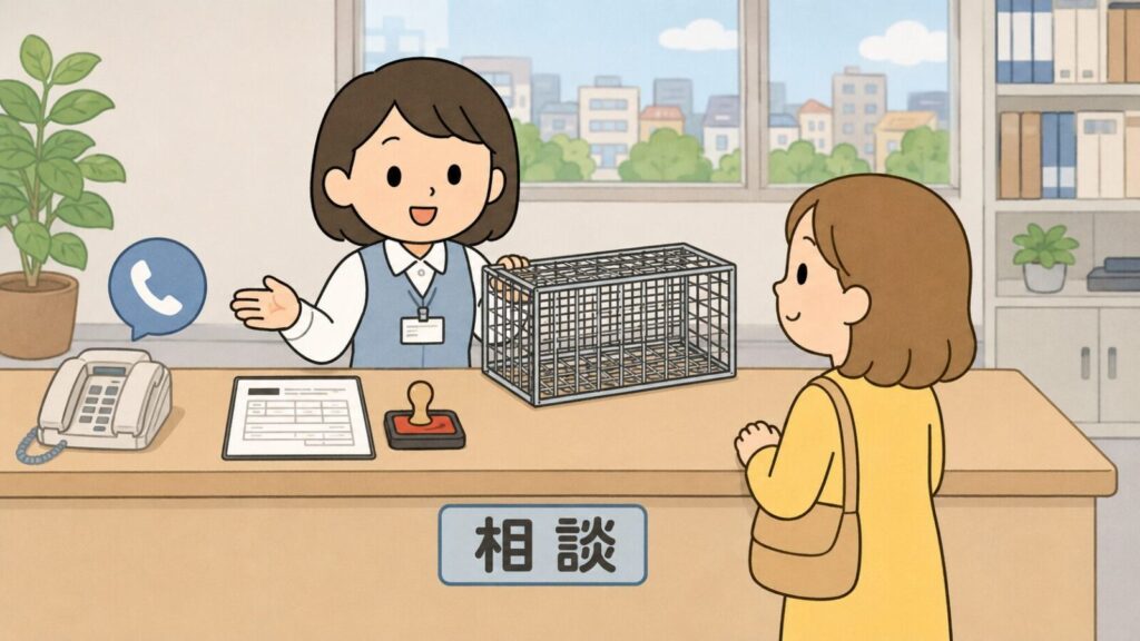 市役所の窓口カウンターで職員が空の箱型捕獲器と判子付きの申請書類を並べて貸出と許可の手続きを案内し、住民が相談を聞いている場面を描いた、豊中市の相談窓口と捕獲器貸出の制度を表すいらすとや風イラスト