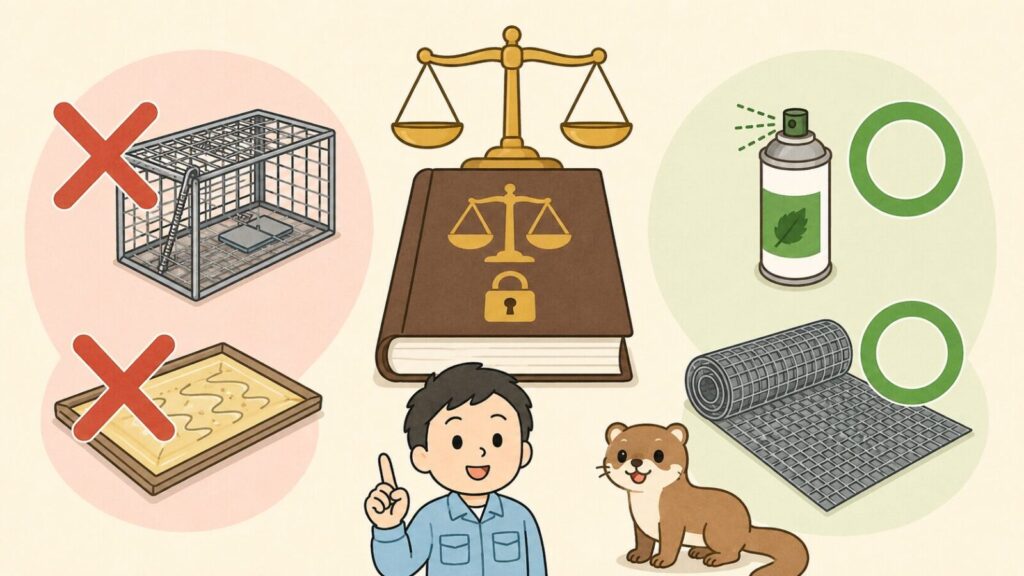 天秤と錠前が描かれた法律の本を中央に置き、無許可の捕獲器と粘着シートに赤いバツ印、忌避剤スプレーと金網に緑の丸印を対比させて、イタチの捕獲は許可制だが追い出しと封鎖は許可なくできることを示すいらすとや風イラスト