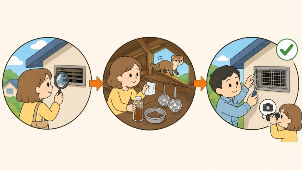 換気口の隙間を虫眼鏡で点検する、木酢液を染み込ませた布と光る飾りを天井裏に置いて追い出す、確認してから金網を取り付けるという3つの手順を矢印でつないで示した、イタチの追い出しと封鎖の流れを表すいらすとや風イラスト