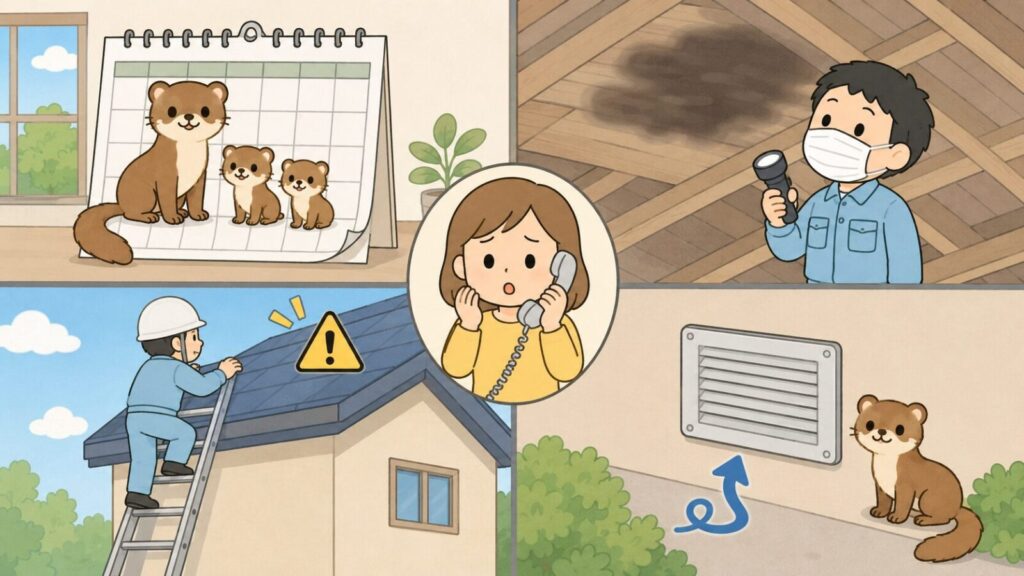 子育て時期を示すカレンダーと親子のイタチ、マスクを着けて照らす天井裏の広範囲の汚れ、はしごを使う高所作業の危険、封鎖後の再侵入という4つの状況を並べ、中央で業者に電話相談する住民を描いたいらすとや風イラスト