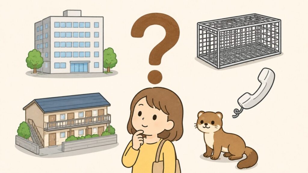 市役所の建物、空の箱型捕獲器、賃貸マンション、電話の受話器、イタチのキャラクターをクエスチョンマークのまわりに配置し、考えごとをする住民を中央に描いた、豊中市のイタチ駆除のよくある質問を表すいらすとや風イラスト