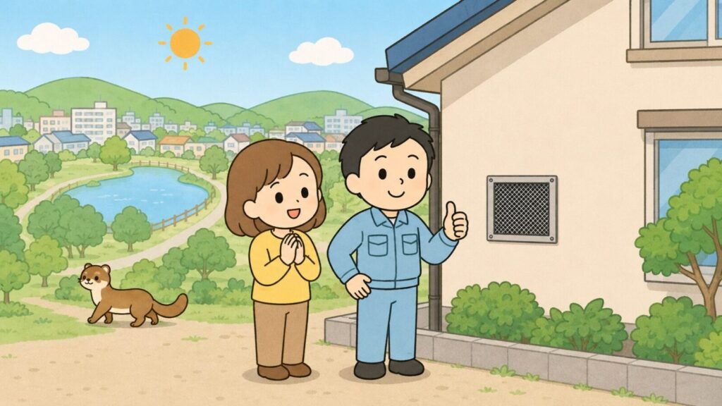 緑の公園と池、丘の住宅街を背景に、金網で換気口が塞がれた住宅の前で安心する住民と親指を立てる獣害対策アドバイザー、緑地へ歩いて帰るイタチを描いた、豊中市でのイタチ対策の完了を表すいらすとや風イラスト