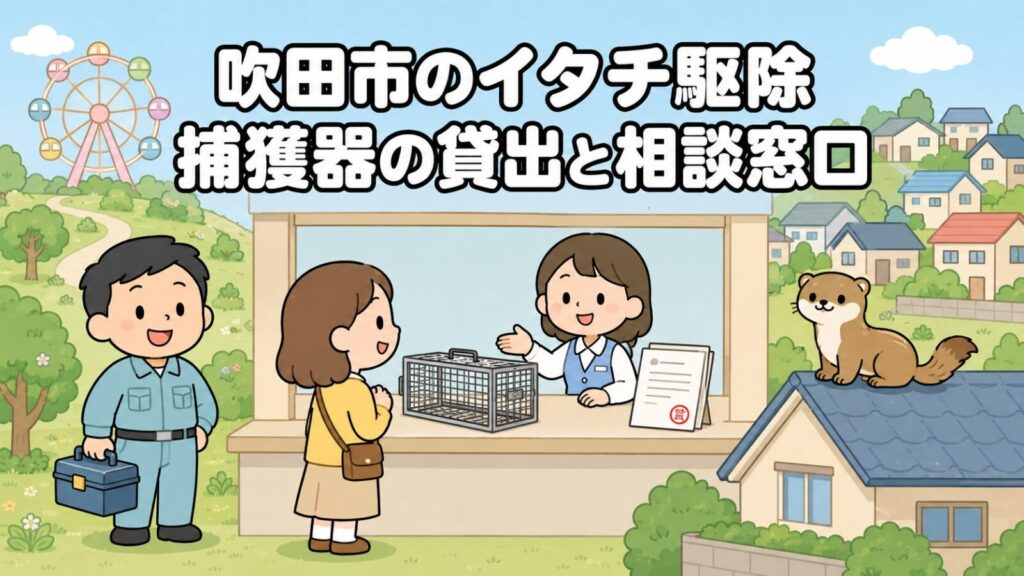 観覧車のある緑の公園と丘の住宅街を背景に、窓口で空の捕獲器と申請書類の案内を受ける住民と工具箱を持つ獣害対策アドバイザー、屋根の上のイタチを描いた、吹田市のイタチ駆除の捕獲器貸出と相談窓口を解説する記事のメインビジュアル（いらすとや風イラスト）