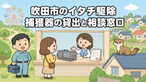 観覧車のある緑の公園と丘の住宅街を背景に、窓口で空の捕獲器と申請書類の案内を受ける住民と工具箱を持つ獣害対策アドバイザー、屋根の上のイタチを描いた、吹田市のイタチ駆除の捕獲器貸出と相談窓口を解説する記事のメインビジュアル（いらすとや風イラスト）