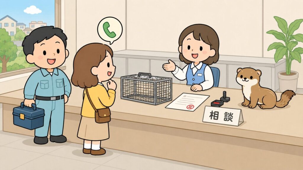 市役所の窓口カウンターで職員が空の箱型捕獲器と判子付きの申請書類を並べて貸出と許可の手続きを案内し、住民が相談を聞いている場面を描いた、吹田市の相談窓口と捕獲器貸出の制度を表すいらすとや風イラスト