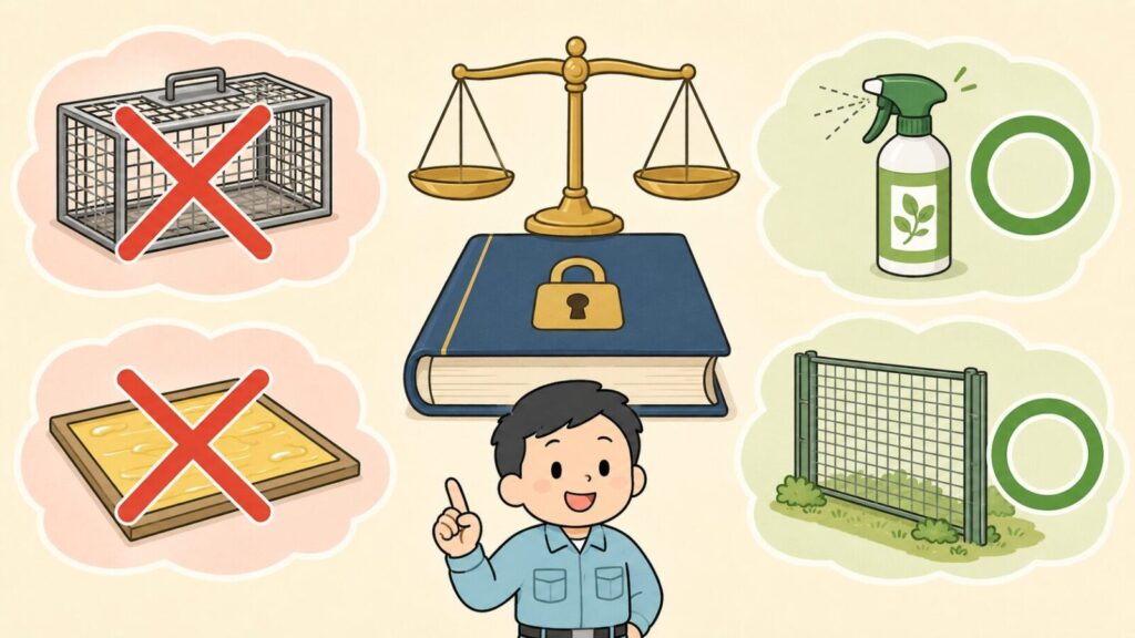 天秤と錠前が描かれた法律の本を中央に置き、無許可の捕獲器と粘着シートに赤いバツ印、忌避剤スプレーと金網に緑の丸印を対比させて、イタチの捕獲は許可制だが追い出しと封鎖は許可なくできることを示すいらすとや風イラスト