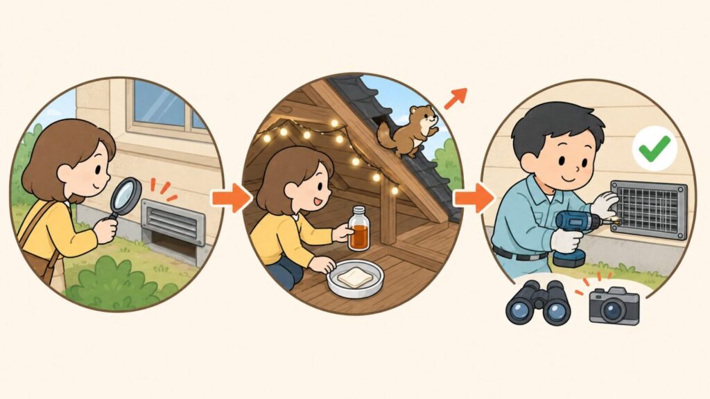 換気口の隙間を虫眼鏡で点検する、木酢液を染み込ませた布の小皿と光る飾りを置いて追い出す、確認してから金網を取り付けるという3つの手順を矢印でつないで示した、イタチの追い出しと封鎖の流れを表すいらすとや風イラスト