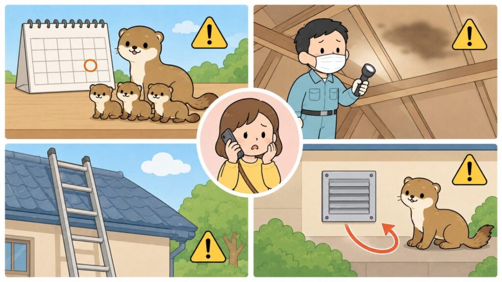 子育て時期を示すカレンダーと親子のイタチ、マスクを着けて照らす天井裏の広範囲の汚れ、はしごを使う高所作業の危険、封鎖後の再侵入という4つの状況を並べ、中央で業者に電話相談する住民を描いたいらすとや風イラスト