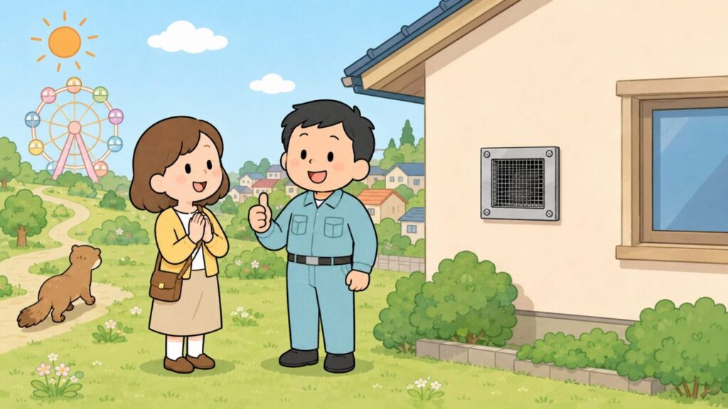 観覧車のある緑の公園と住宅街を背景に、金網で換気口が塞がれた住宅の前で安心する住民と親指を立てる獣害対策アドバイザー、緑地へ歩いて帰るイタチを描いた、吹田市でのイタチ対策の完了を表すいらすとや風イラスト