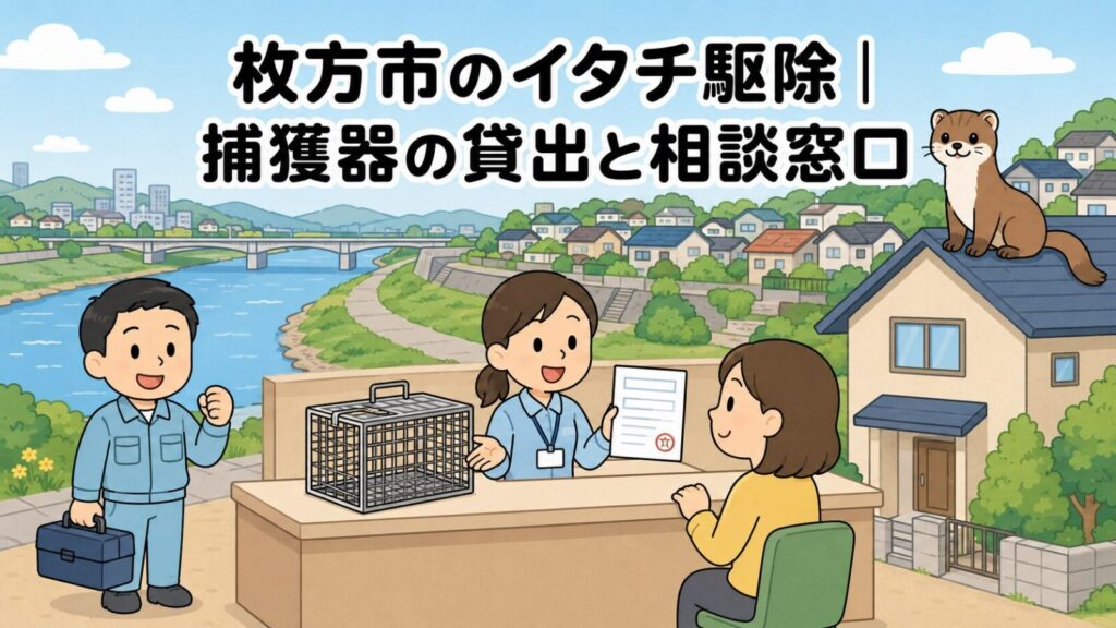 大きな川と河川敷、丘の住宅街を背景に、窓口で空の捕獲器と申請書類の案内を受ける住民と工具箱を持つ獣害対策アドバイザー、屋根の上のイタチを描いた、枚方市のイタチ駆除の捕獲器貸出と相談窓口を解説する記事のメインビジュアル（いらすとや風イラスト）