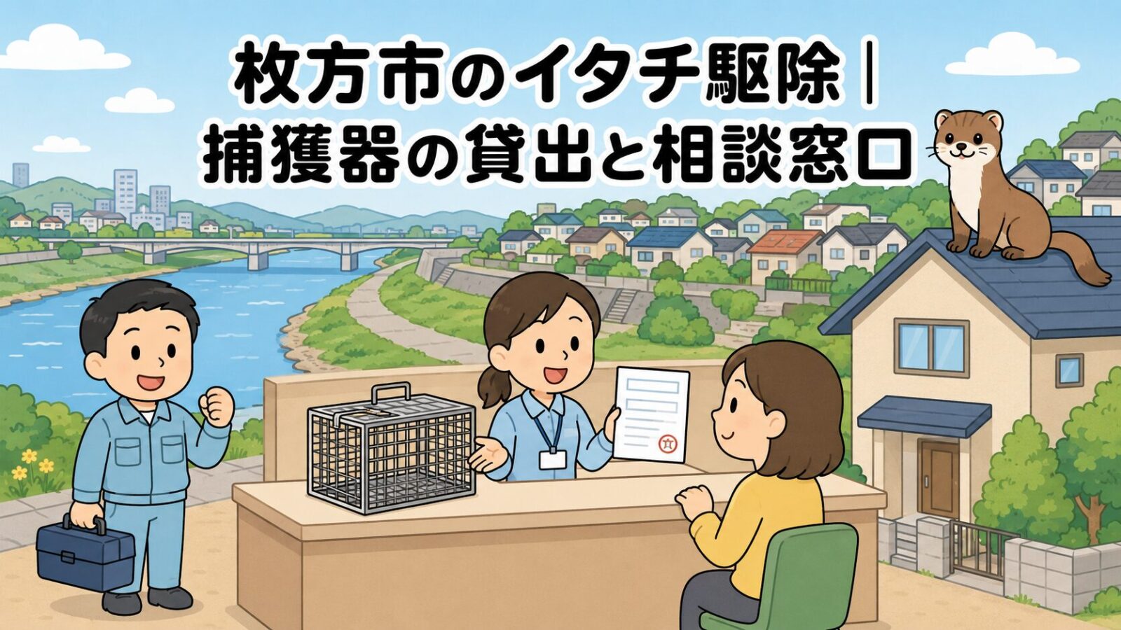 大きな川と河川敷、丘の住宅街を背景に、窓口で空の捕獲器と申請書類の案内を受ける住民と工具箱を持つ獣害対策アドバイザー、屋根の上のイタチを描いた、枚方市のイタチ駆除の捕獲器貸出と相談窓口を解説する記事のメインビジュアル(いらすとや風イラスト)