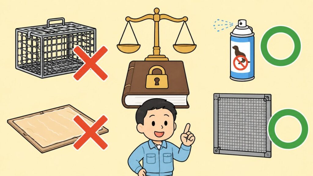 天秤と錠前が描かれた法律の本を中央に置き、無許可の捕獲器と粘着シートに赤いバツ印、忌避剤スプレーと金網に緑の丸印を対比させて、イタチの捕獲は許可制だが追い出しと封鎖は許可なくできることを示すいらすとや風イラスト