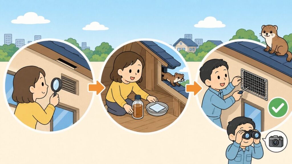 換気口の隙間を虫眼鏡で点検する、木酢液を染み込ませた布の小皿を天井裏に置いて追い出す、確認してから金網を取り付けるという3つの手順を矢印でつないで示した、イタチの追い出しと封鎖の流れを表すいらすとや風イラスト