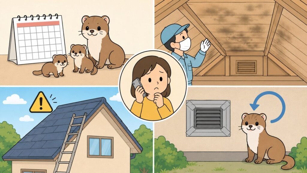 子育て時期を示すカレンダーと親子のイタチ、マスクを着けて見上げる天井裏の広範囲の汚れ、はしごを使う高所作業の危険、封鎖後の再侵入という4つの状況を並べ、中央で業者に電話相談する住民を描いたいらすとや風イラスト