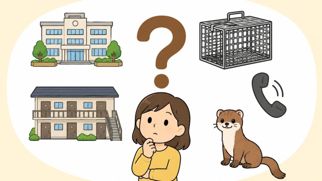 市役所の建物、空の箱型捕獲器、賃貸マンション、電話の受話器、イタチのキャラクターをクエスチョンマークのまわりに配置し、考えごとをする住民を描いた、枚方市のイタチ駆除のよくある質問を表すいらすとや風イラスト