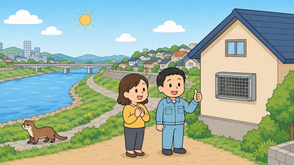 大きな川と河川敷、丘の住宅街を背景に、金網で換気口が塞がれた住宅の前で安心する住民と親指を立てる獣害対策アドバイザー、河川敷へ歩いて帰るイタチを描いた、枚方市でのイタチ対策の完了を表すいらすとや風イラスト