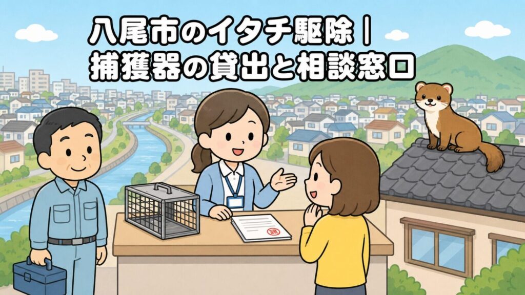 保健所の窓口で職員が空の小型箱わなと申請書類を示しながら住民の相談に応じ、背景に高安山の山並みと川沿いの住宅街、屋根の上のイタチを描いた、八尾市のイタチ駆除の相談窓口と捕獲器貸出を表すいらすとや風イラスト