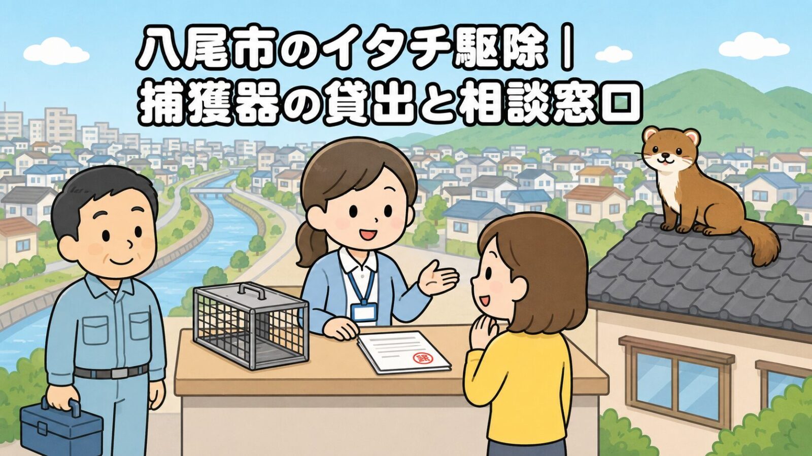 保健所の窓口で職員が空の小型箱わなと申請書類を示しながら住民の相談に応じ、背景に高安山の山並みと川沿いの住宅街、屋根の上のイタチを描いた、八尾市のイタチ駆除の相談窓口と捕獲器貸出を表すいらすとや風イラスト