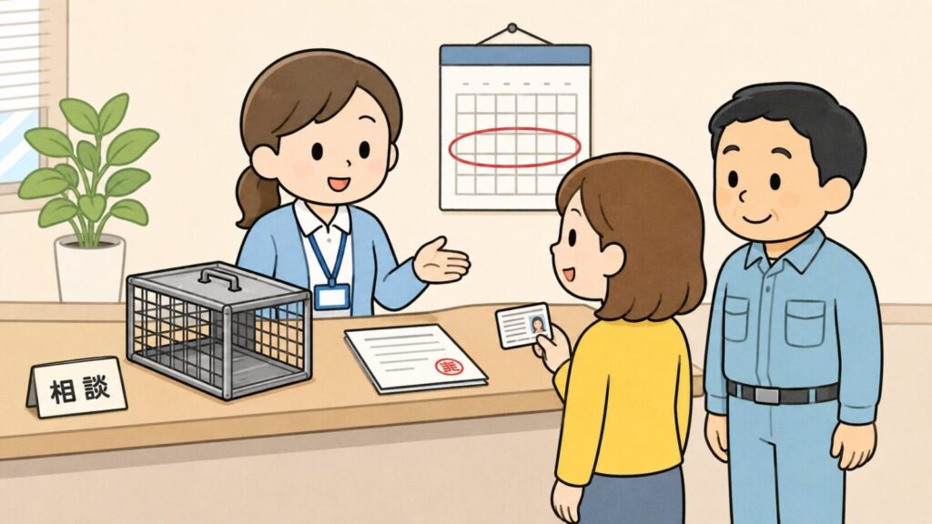 窓口カウンターで職員が空の小型箱わなと判子付きの申請書類を並べ、貸出期間を丸で囲んだカレンダーを背に案内し、住民が身分証を手に相談している場面を描いた、八尾市の捕獲器貸出の条件を表すいらすとや風イラスト