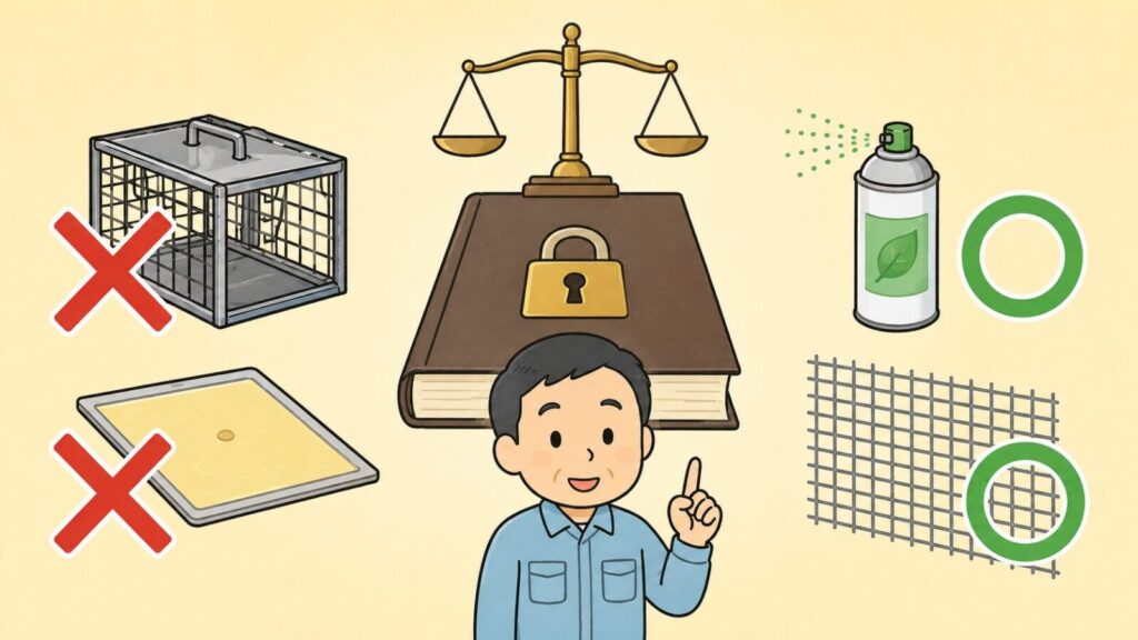 天秤と錠前が描かれた法律の本を中央に置き、無許可の捕獲器と粘着シートに赤いバツ印、忌避剤スプレーと金網に緑の丸印を対比させて、イタチの捕獲は許可制だが追い出しと封鎖は許可なくできることを示すいらすとや風イラスト