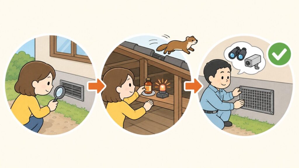 換気口の隙間を虫眼鏡で点検する、匂いの強い液体と点滅ライトを天井裏に仕掛けて追い出す、退出を確認してから金網を取り付けるという3つの手順を矢印でつないで示した、イタチの追い出しと封鎖の流れを表すいらすとや風イラスト