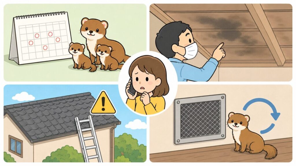 子育て時期を示すカレンダーと親子のイタチ、マスクを着けて見上げる天井裏の広範囲の汚れ、はしごを使う高所作業の危険、封鎖後の再侵入という4つの状況を並べ、中央で業者に電話相談する住民を描いたいらすとや風イラスト