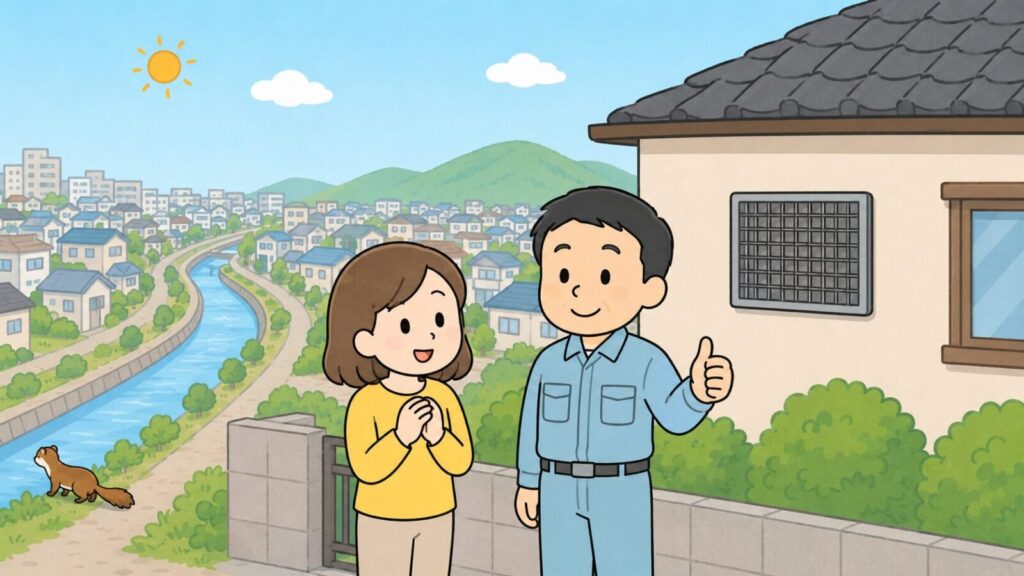高安山の山並みと川沿いの住宅街を背景に、金網で換気口が塞がれた住宅の前で安心する住民と親指を立てる獣害対策アドバイザー、川辺へ歩いて帰るイタチを描いた、八尾市でのイタチ対策の完了を表すいらすとや風イラスト