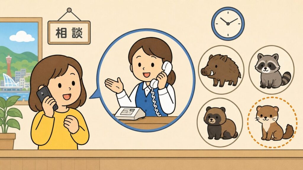 電話で相談する住民と受話器を持って応対する職員を中心に、市が対応するイノシシやアライグマなどの動物アイコンと、点線の丸で区別されたイタチ、長い受付時間を示す時計を添えた、神戸市の鳥獣相談ダイヤルの対応範囲を表すいらすとや風イラスト