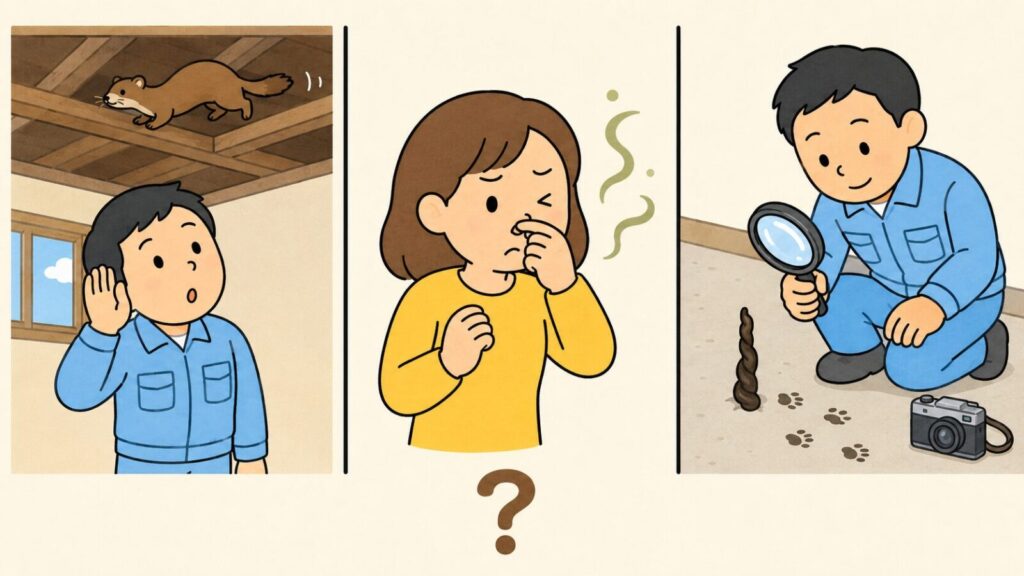 天井裏を走るイタチの物音に耳を澄ます住民、糞尿の臭いに顔をしかめる住民、虫眼鏡で細くねじれた糞と足跡を調べる住民の3場面を並べ、下部のクエスチョンマークで手掛かり一つだけでは動物を断定できないことを示したいらすとや風イラスト