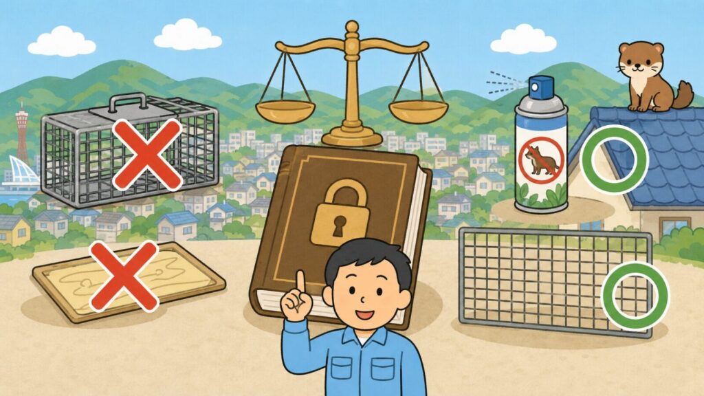 天秤と錠前が描かれた法律の本を中央に置き、無許可の捕獲器と粘着シートに赤いバツ印、忌避剤スプレーと金網に緑の丸印を対比させて、イタチの捕獲は許可制だが追い出しと封鎖は許可なくできることを示すいらすとや風イラスト
