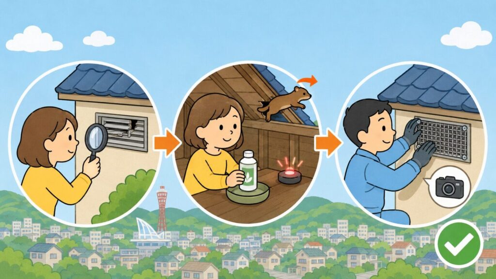 換気口の隙間を虫眼鏡で点検する、忌避剤と点滅ライトを天井裏に仕掛けて追い出す、退出を確認してから金網を取り付けるという3つの手順を矢印でつないで示した、イタチの追い出しと封鎖の流れを表すいらすとや風イラスト