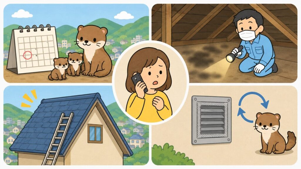 子育て時期を示すカレンダーと親子のイタチ、マスクを着けて照らす天井裏の広範囲の汚れ、はしごを使う高所作業の危険、封鎖後の再侵入という4つの状況を並べ、中央で業者に電話相談する住民を描いたいらすとや風イラスト