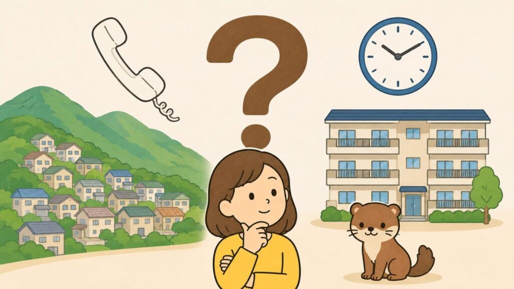 電話の受話器、山裾の坂の住宅街、賃貸マンション、受付時間を示す時計、イタチのキャラクターをクエスチョンマークのまわりに配置し、考えごとをする住民を描いた、神戸市のイタチ駆除のよくある質問を表すいらすとや風イラスト