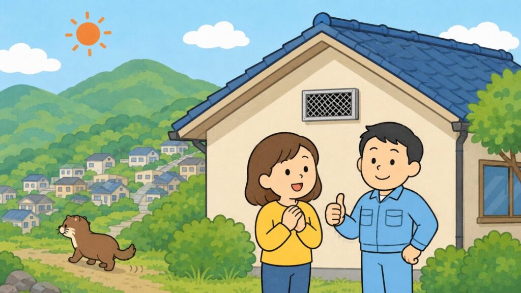 六甲の山並みと坂の住宅街を背景に、金網で換気口が塞がれた住宅の前で安心する住民と親指を立てる獣害対策アドバイザー、山裾の緑へ歩いて帰るイタチを描いた、神戸市でのイタチ対策の完了を表すいらすとや風イラスト