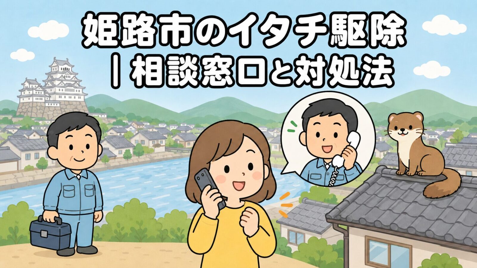 白い天守閣のお城と川沿いの瓦屋根の住宅街を背景に、スマートフォンで相談窓口に電話する住民と応対する職員、屋根の上のイタチを描いた、姫路市のイタチ駆除の相談窓口と対処法を表すいらすとや風イラスト