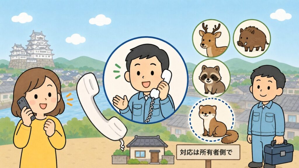 電話で相談する住民と受話器を持って応対する職員を中心に、市が対応するシカ・イノシシ・アライグマのアイコンと点線の丸で区別されたイタチ、対応は所有者側でと書かれた札を添えた、姫路市の相談窓口と対応範囲を表すいらすとや風イラスト