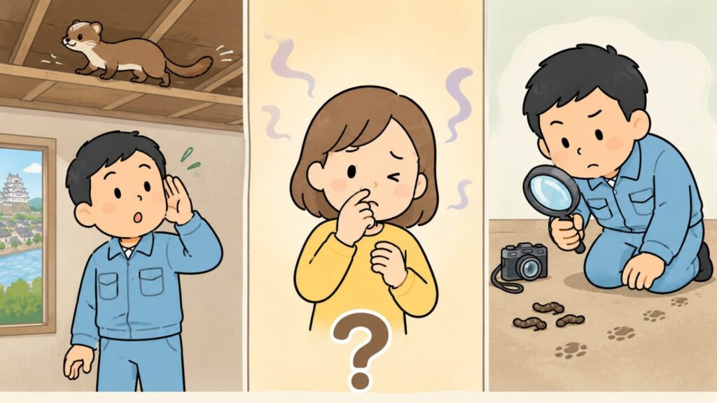天井裏を走るイタチの物音に耳を澄ます住民、糞尿の臭いに顔をしかめる住民、虫眼鏡で細くねじれた糞と足跡を調べる住民の3場面を並べ、下部のクエスチョンマークで手掛かり一つだけでは動物を断定できないことを示したいらすとや風イラスト