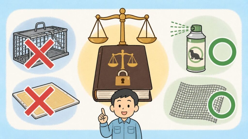天秤と錠前が描かれた法律の本を中央に置き、無許可の捕獲器と粘着シートに赤いバツ印、忌避剤スプレーと金網に緑の丸印を対比させて、イタチの捕獲は許可制だが追い出しと封鎖は許可なくできることを示すいらすとや風イラスト