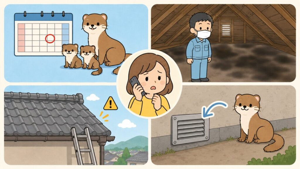 子育て時期を示すカレンダーと親子のイタチ、マスクを着けて見上げる天井裏の広範囲の汚れ、瓦屋根にかけたはしごの危険、封鎖後の再侵入という4つの状況を並べ、中央で業者に電話相談する住民を描いたいらすとや風イラスト