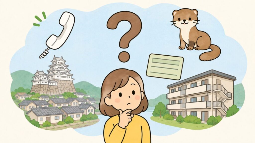 電話の受話器、白い天守閣と瓦屋根の住宅街、賃貸マンション、免許証風のカード、イタチのキャラクターをクエスチョンマークのまわりに配置し、考えごとをする住民を描いた、姫路市のイタチ駆除のよくある質問を表すいらすとや風イラスト
