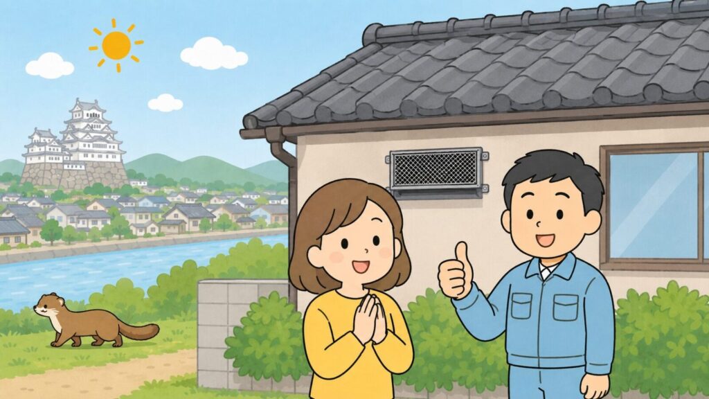 白い天守閣と川沿いの住宅街を背景に、金網で換気口が塞がれた瓦屋根の住宅の前で安心する住民と親指を立てる獣害対策アドバイザー、川辺へ歩いて帰るイタチを描いた、姫路市でのイタチ対策の完了を表すいらすとや風イラスト