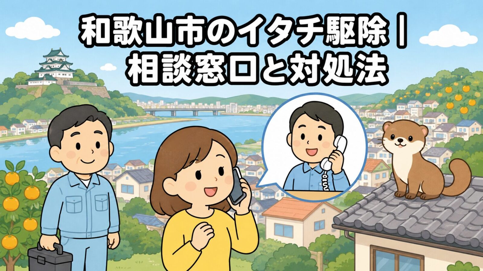 広い川と緑の丘の上の城、みかんの木がある住宅街を背景に、スマートフォンで相談窓口に電話する住民と応対する職員、屋根の上のイタチを描いた、和歌山市のイタチ駆除の相談窓口と対処法を表すいらすとや風イラスト