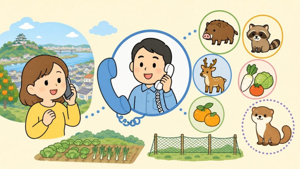 電話で相談する住民と受話器を持って応対する職員を中心に、市の対策対象であるイノシシ・アライグマ・シカと野菜やみかん、防護柵を並べ、点線の丸で区別されたイタチを添えた、和歌山市の相談窓口と対応範囲を表すいらすとや風イラスト