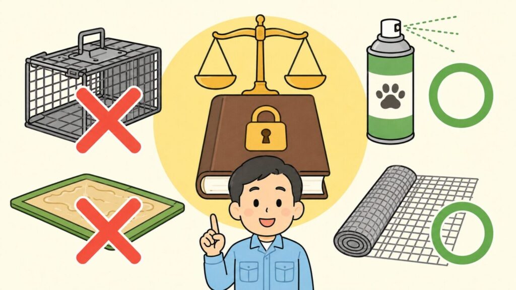 天秤と錠前が描かれた法律の本を中央に置き、無許可の捕獲器と粘着シートに赤いバツ印、忌避剤スプレーと金網に緑の丸印を対比させて、イタチの捕獲は許可制だが追い出しと封鎖は許可なくできることを示すいらすとや風イラスト