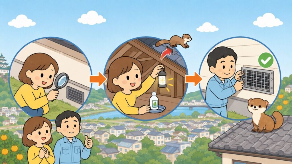 換気口の隙間を虫眼鏡で点検する、忌避剤とライトを天井裏に仕掛けて追い出す、退出を確認してから金網を取り付けるという3つの手順を矢印でつないで示した、イタチの追い出しと封鎖の流れを表すいらすとや風イラスト